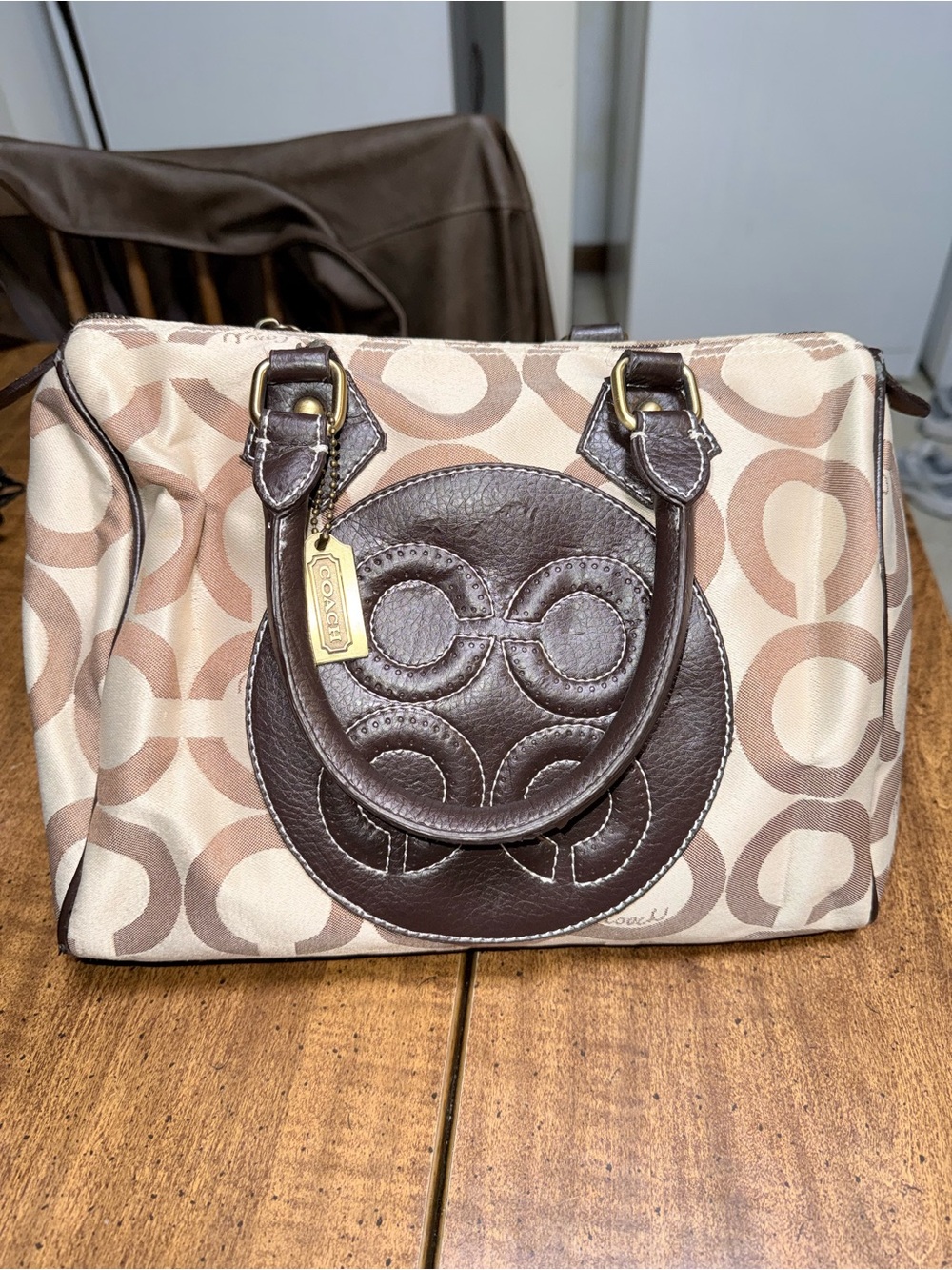Coach Brown and Cream Signature Satchel with Leather Trim